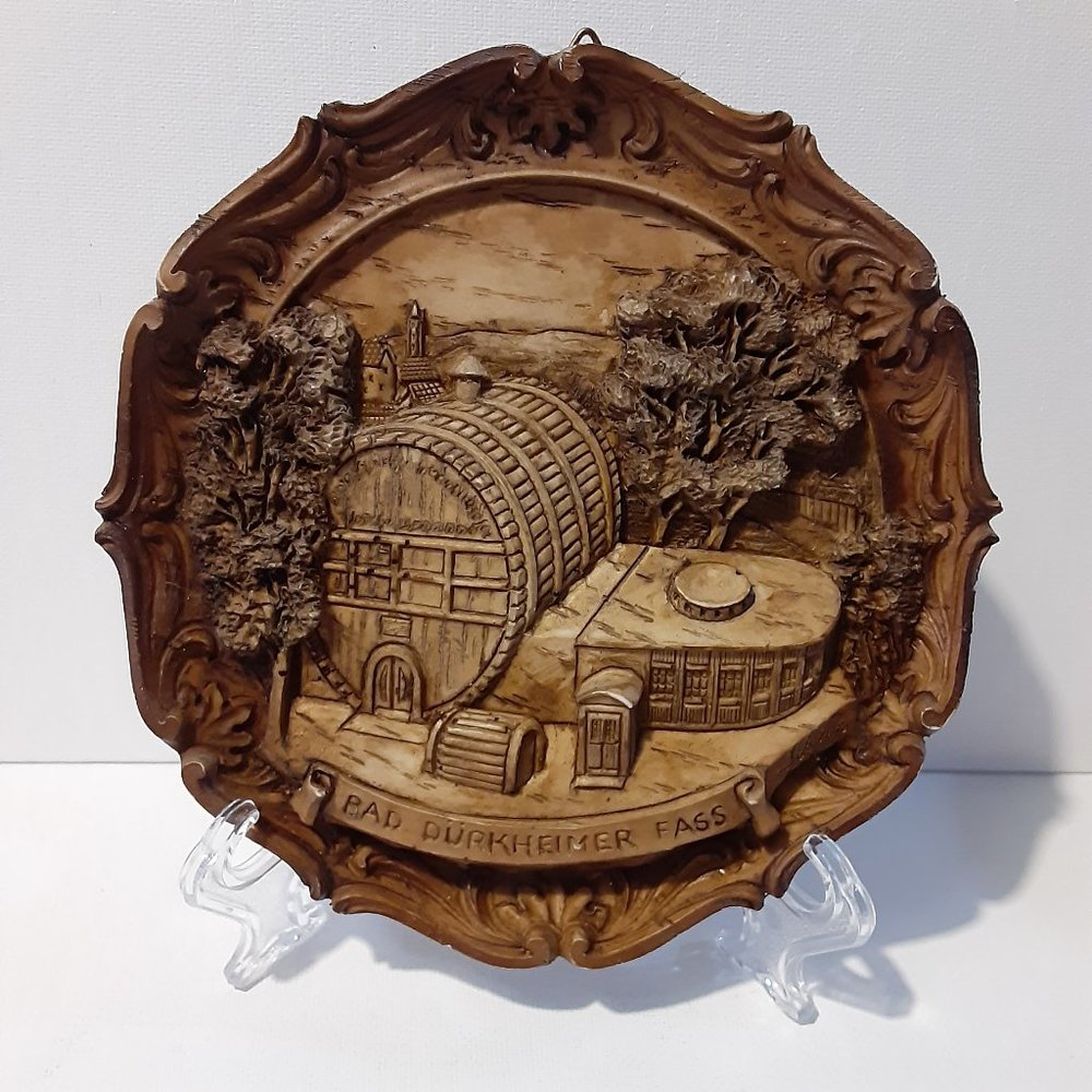 Vintage German Hand Carved Wood and Resin 3D Relief Wall Plaque Signed Shinto